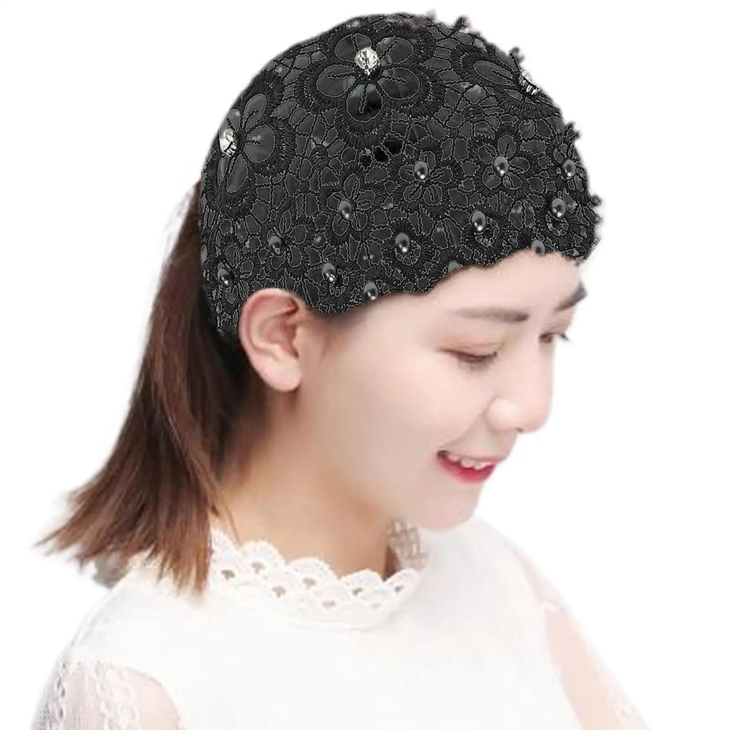 15x25CM Lace Headband Wide Floral Pearl Elastic Hair Scarf Sweat Wicking Hair Accessories for Women Yoga Gym Sports Running Vue
