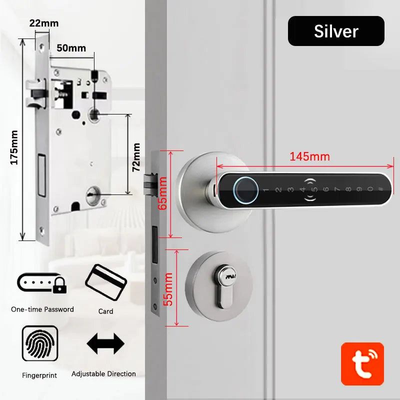 Smart Fingerprint Door Lock Handle for Home Apartment With Key card Digital Door Lock Keypad Keyless Entry electronic lock Vue silver5072