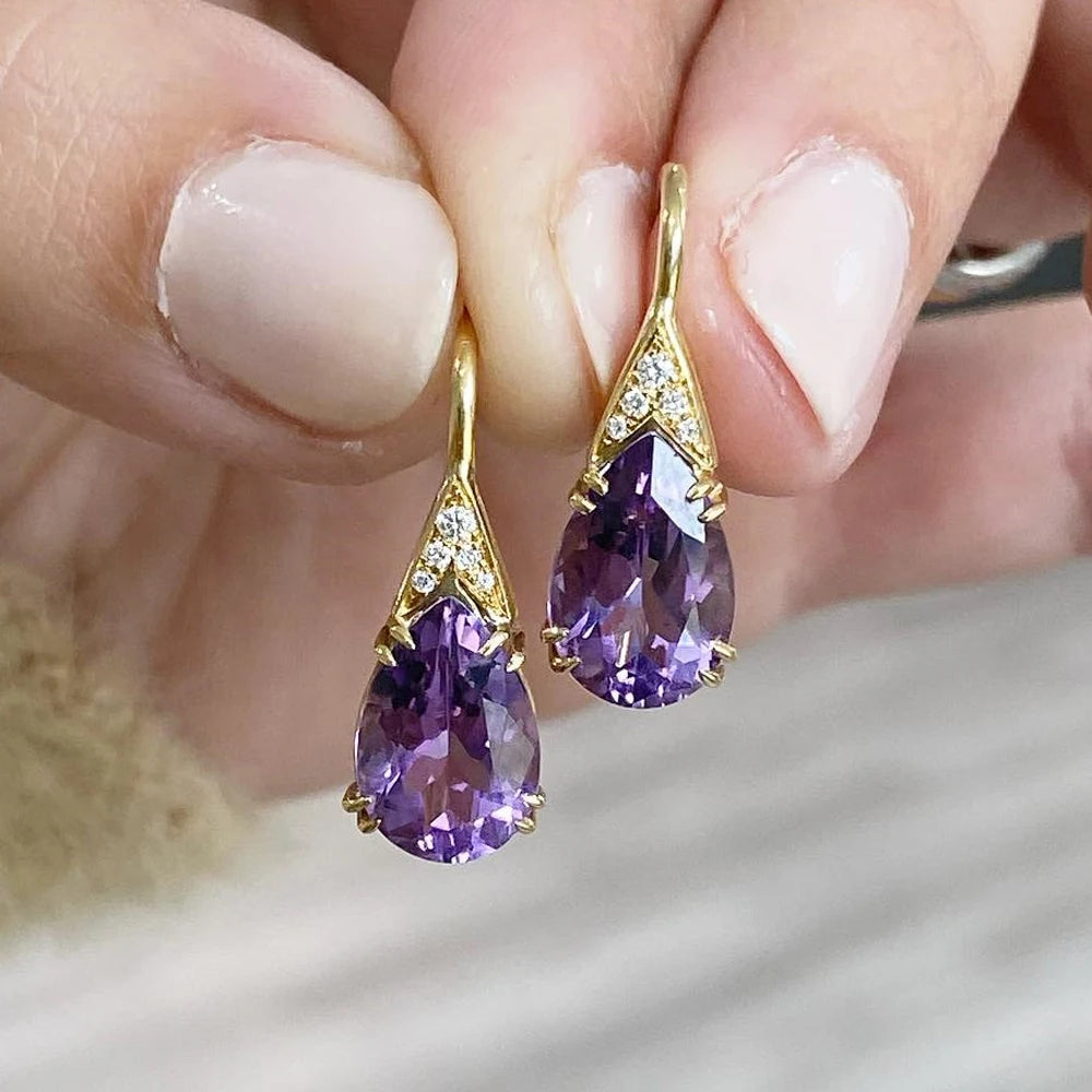 Huitan Gold Purple Pear CZ Drop Earrings | Women's Jewelry Drop Earrings Vue