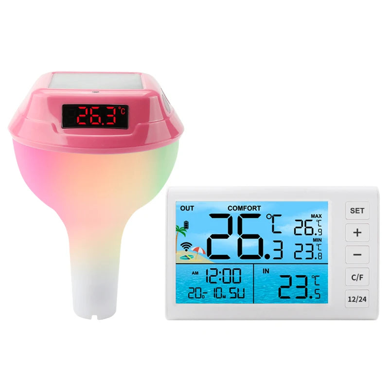 Solar Powered Outdoor Pool Thermometer LED Display Water Temperature Meter Waterproof Pool Tub GRB LED Light Temperature Gauge Vue Red