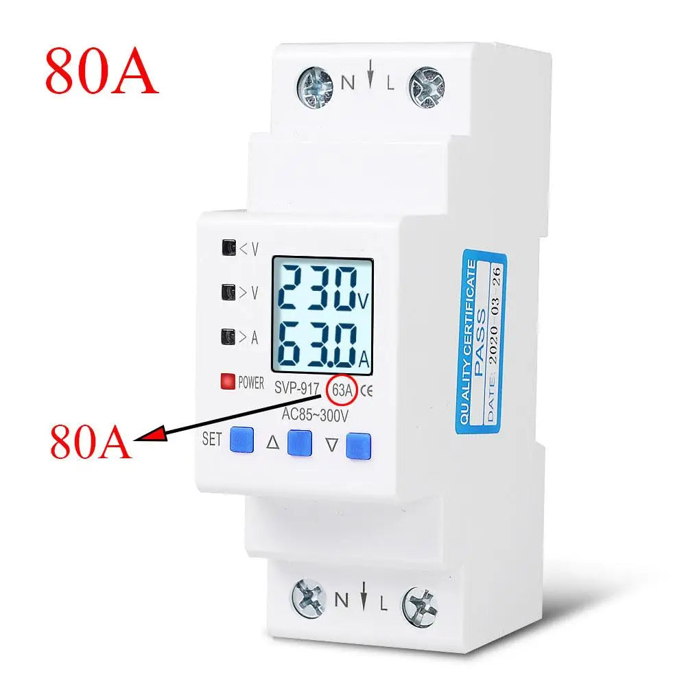AC85-300V 63A/80A Adjustable Self-recovery Over and Under Voltage Current Limiting Protector Overload Switch Power Display Vue