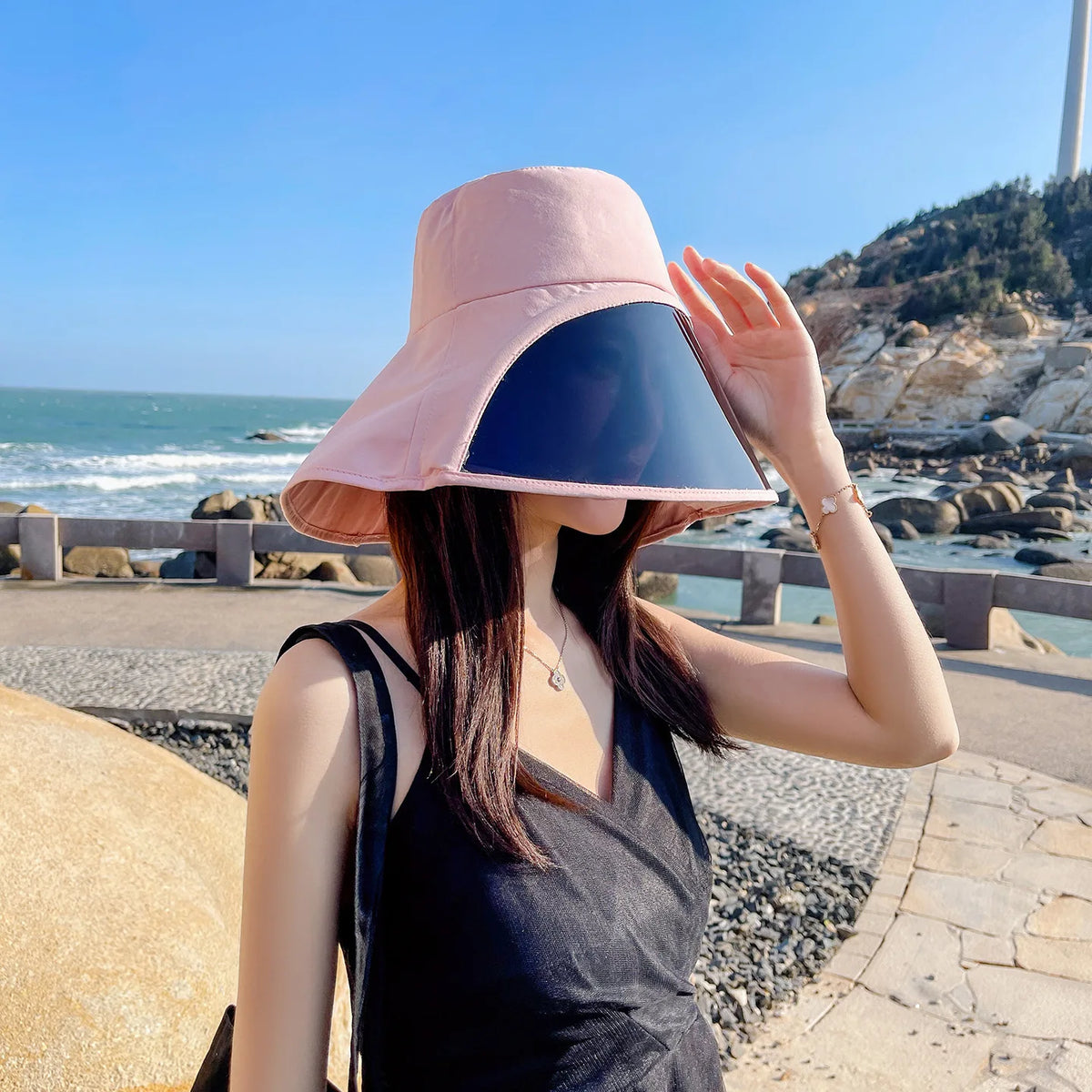Wide Brim Full Face Cover Bucket Hat for Women Summer Fashion UV Protection Sun Hat with Visor Flap Fisherman Cap Outdoor Vue Pink M 56-58cm
