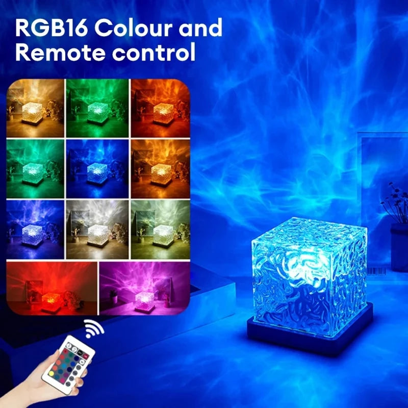 16 Colors Water Ripple Projector Dynamic Rotating LED Night Light with Remote Dimming Family Bedroom Romantic Ocean Decor Lamp Vue
