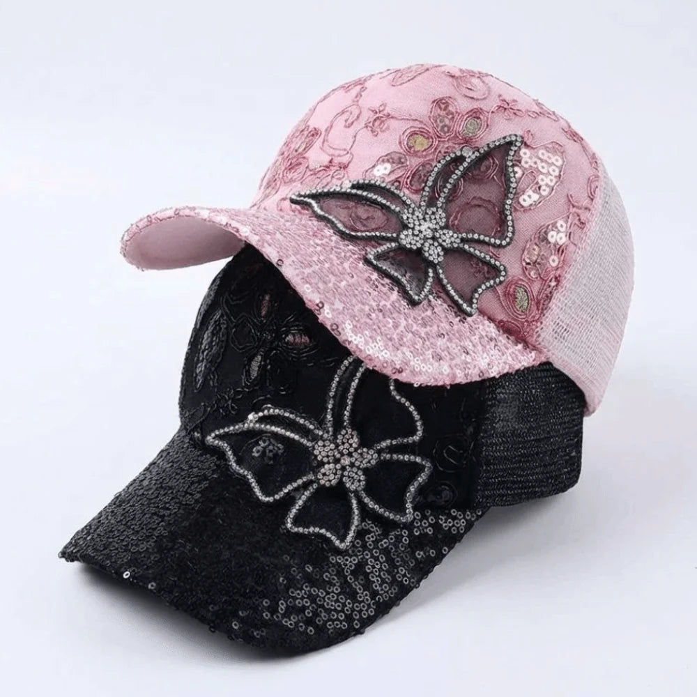 Trendy Mesh Women's Baseball Cap Black Rhinestone Butterfly Decor Sun
