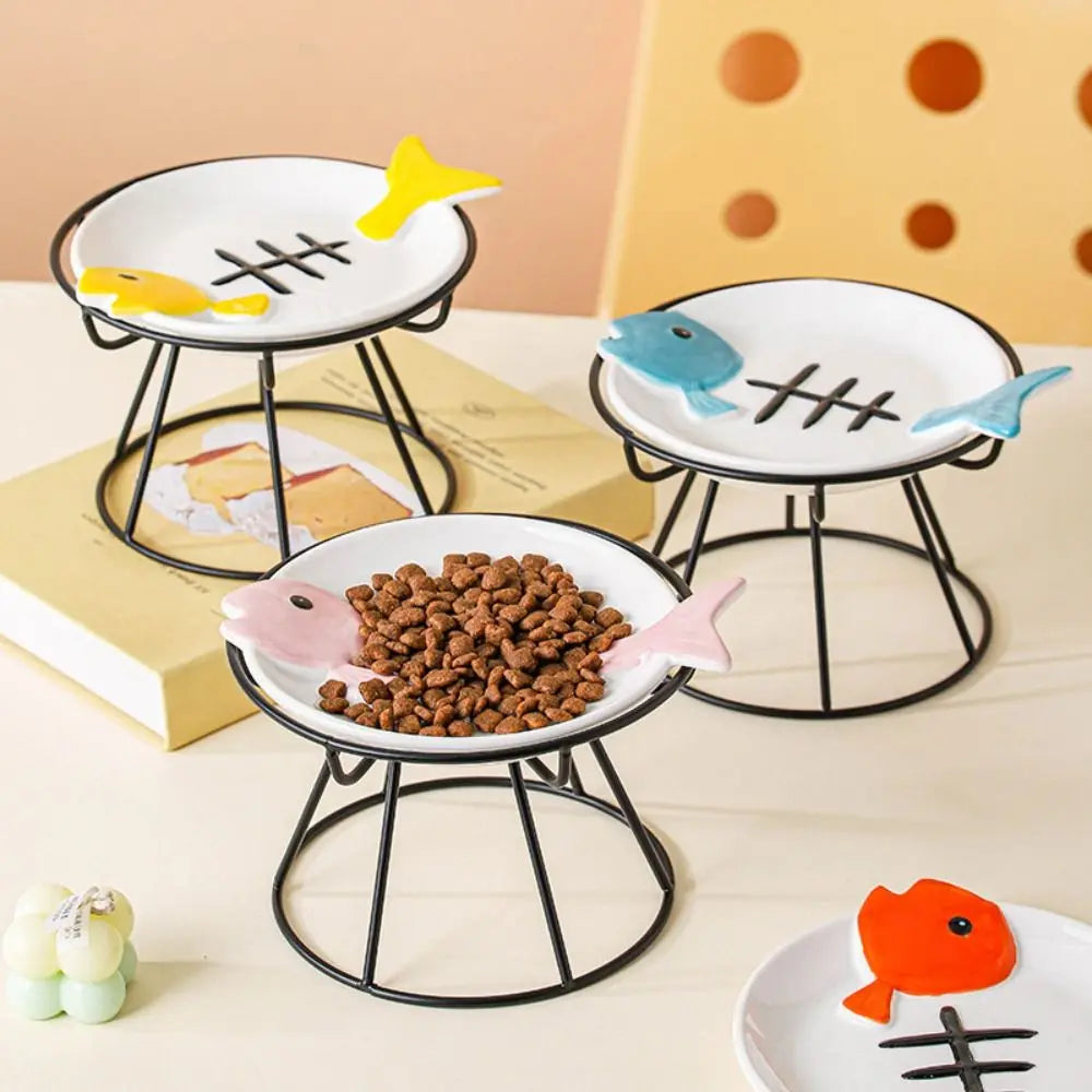 Cat Basin Ceramic Elevated Cat Bowl Fish Bones Anti-Vomiting Pet Food Water Bowl Anti Slip Cute Raised Pet Feeder Wet Dry Food Vue
