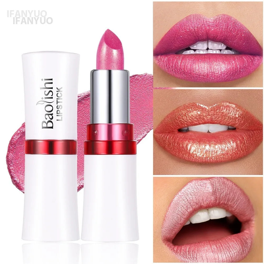 Rose Metallic Lipstick Glitter Lip Glaze Waterproof Long Lasting Moisturize Bright Red Pearlescent Shiny Lipgloss Makeup 12color Vue