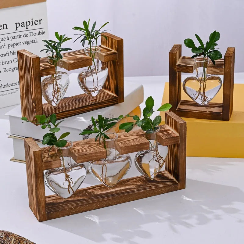 Creative Wooden Frame Hydroponic Small Vase, Green Ivy Plant, Glass Bottle Container, Home Living Room, Office Desk Decoration Vue