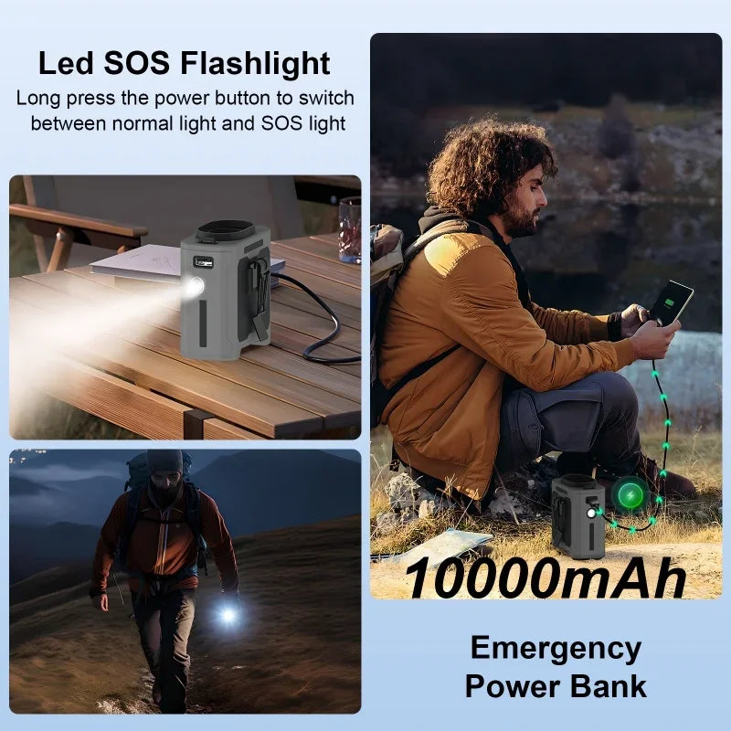 10000mAh Waist Fan Portable Handheld Hanging Neck Fan Ultra-Strong Wind with Phone Charging LED Light for Outdoor Working Vue