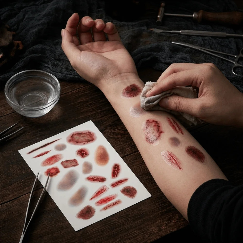 4Sheets Waterproof Halloween Temporary Tattoos Realistic Lasting Wound Bruising Tattoo Decals Portable Simulated Scar Vue