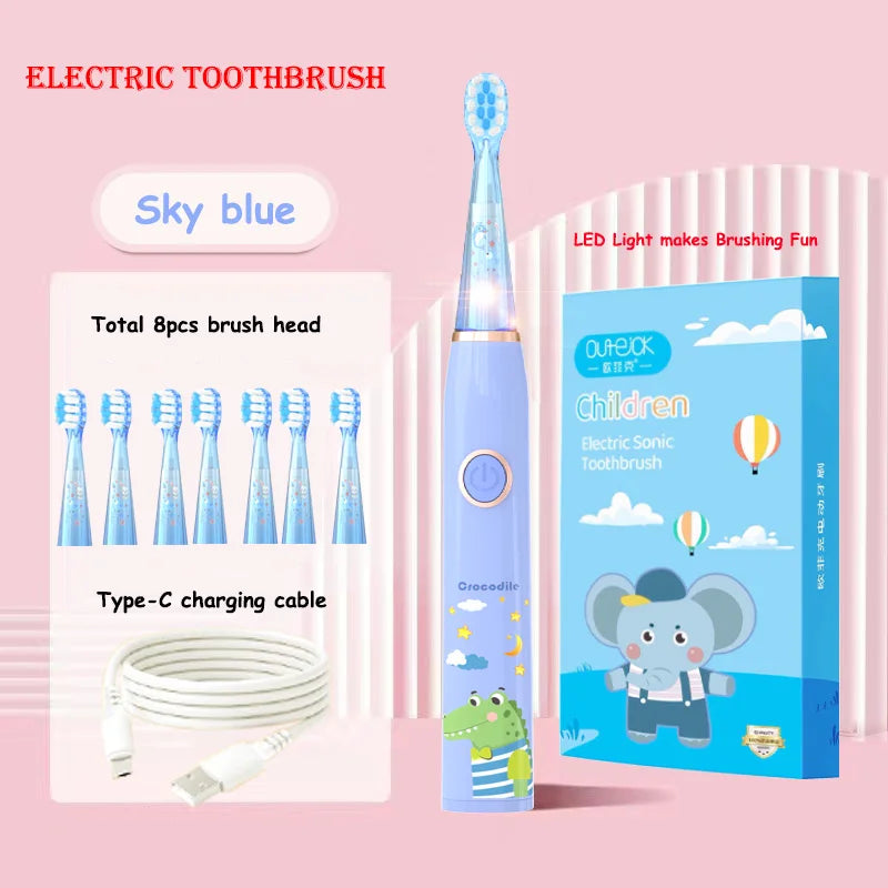 Kids Cartoon Colorful LED Light Sonic Children Electric Toothbrush IPX7 Waterproof 2 mins Smart Timer Rechargeable Toothbrush Vue