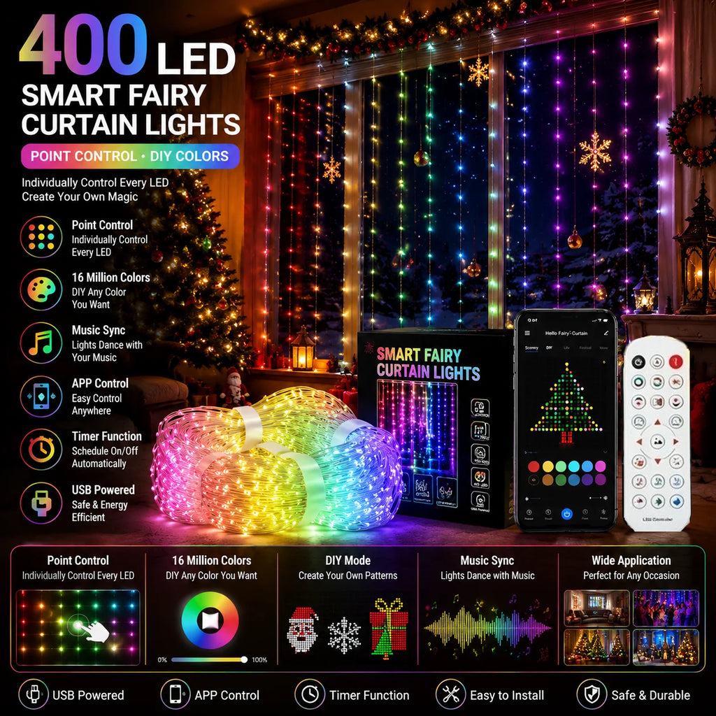 400 LED Smart RGB Fairy Curtain Lights, App Controlled Music Sync for Gaming Room Bedroom Window Decor Vue