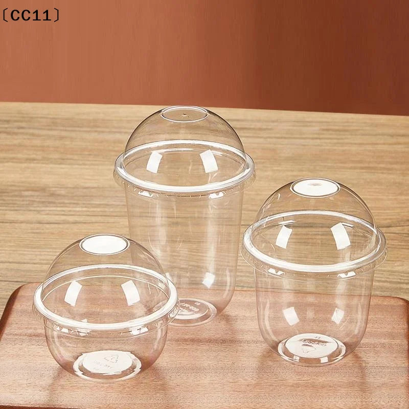 50PCS Disposable Clear Plastic Cup With Hole Dome Lids Juice Salad Dessert Cups Ice Cream Birthday Camping Utensils〔CC11〕 Vue