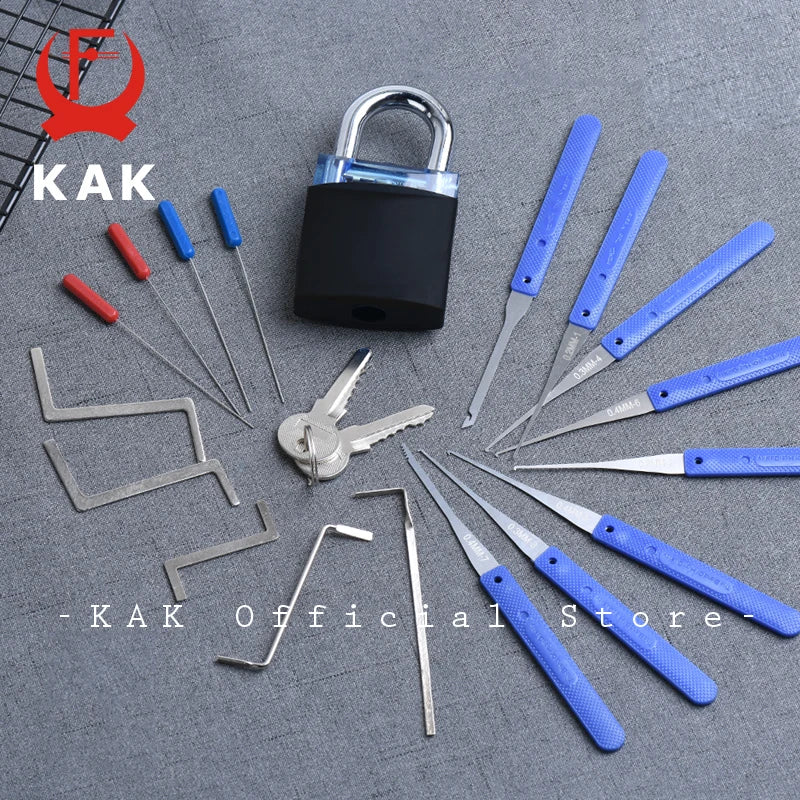KAK 17pcs Unlocking Lock Pick Set Key Extractor Transparent Practice Padlock Kit Locksmith Training Kit with Transparent Locks Vue Blue