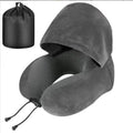 Removable Travel Neck Pillow Washable Cover with Storage Bag Hooded Pillow Adjustable Comfortable U-shaped Pillow with Cap Vue Dark Grey Velvet
