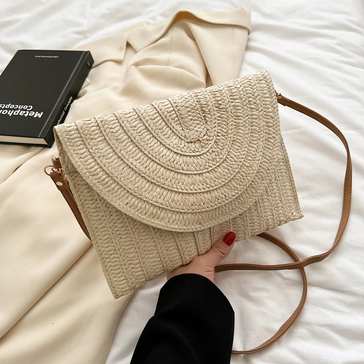 Summer Travel Beach Bag Straw Woven Clutch Fashion Designer Crossbody Vue beige 28x2x20cm