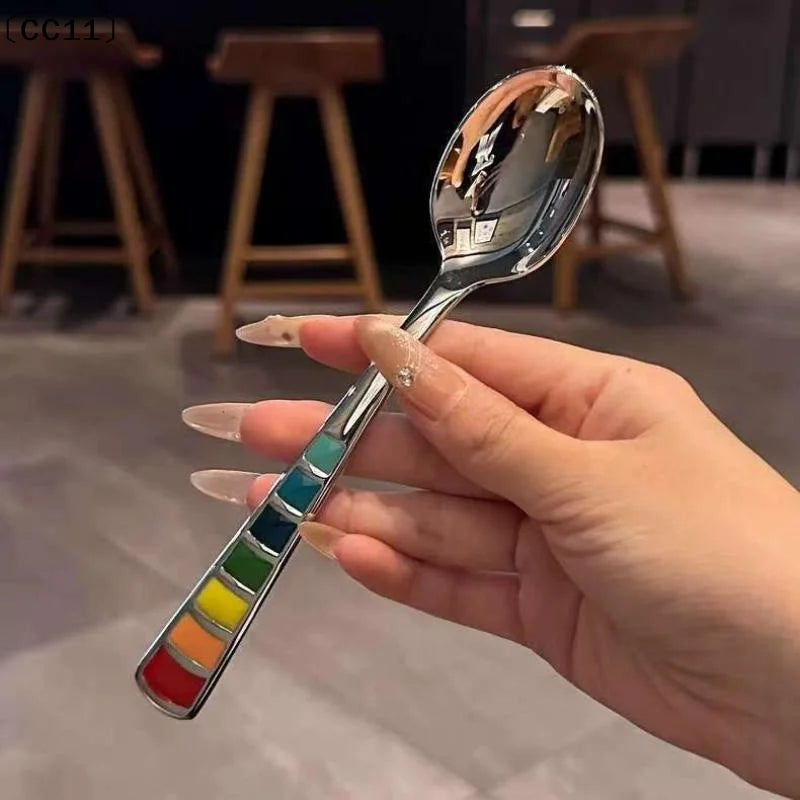 2Pcs Macaron-Colored Stainless Steel Dessert Spoons High-Aesthetic Colorful Enamel Spoons For Home Kids Picnics & Bento〔CC11〕 Vue