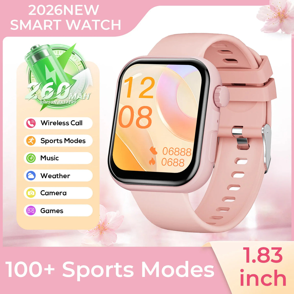 2026 New SmartWatch Bluetooth Call Music Sports Band Long Battery Fitness Tracker Silicone Strap Health Monitor for Adults fun Vue Pink