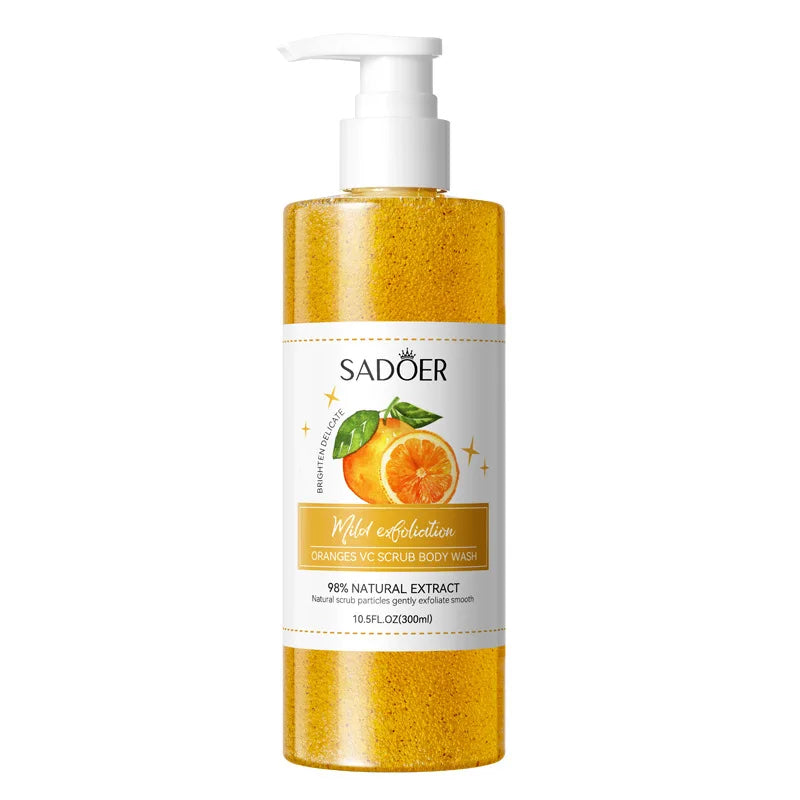 300ml Orange Body Scrub Shower Gel, a Cleansing Body Wash Containing Fresh Orange Extract, Citrate Salts, and Other Skin Care Ingredients. the Fine Scrub Particles Deeply Cleanse Skin Impurities and Dead Skin Cells, While Hyd Vue Orange Moisturizing 300ml