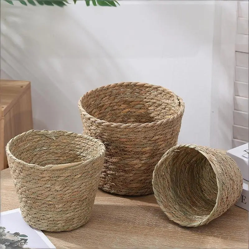 Straw Woven Flower Pots with Handles Garden Patio Planter Basket Eco Friendly for Indoor Outdoor Vue
