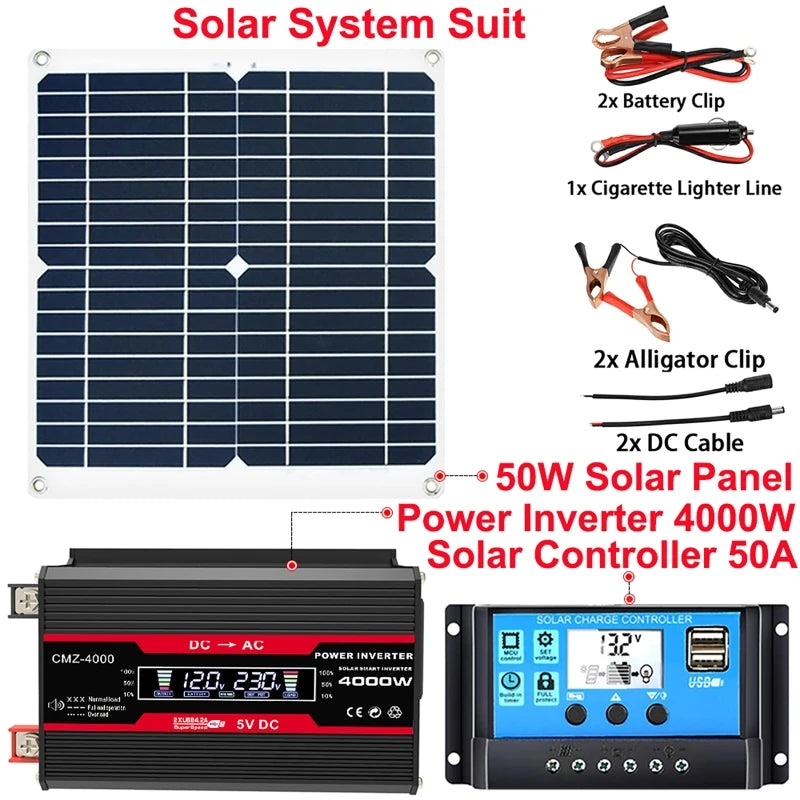 4000W Solar Inverter Kit – 50W Panel, 50A Controller & USB Solar Inverter Kit Vue Black 4000W 12V to 220V
