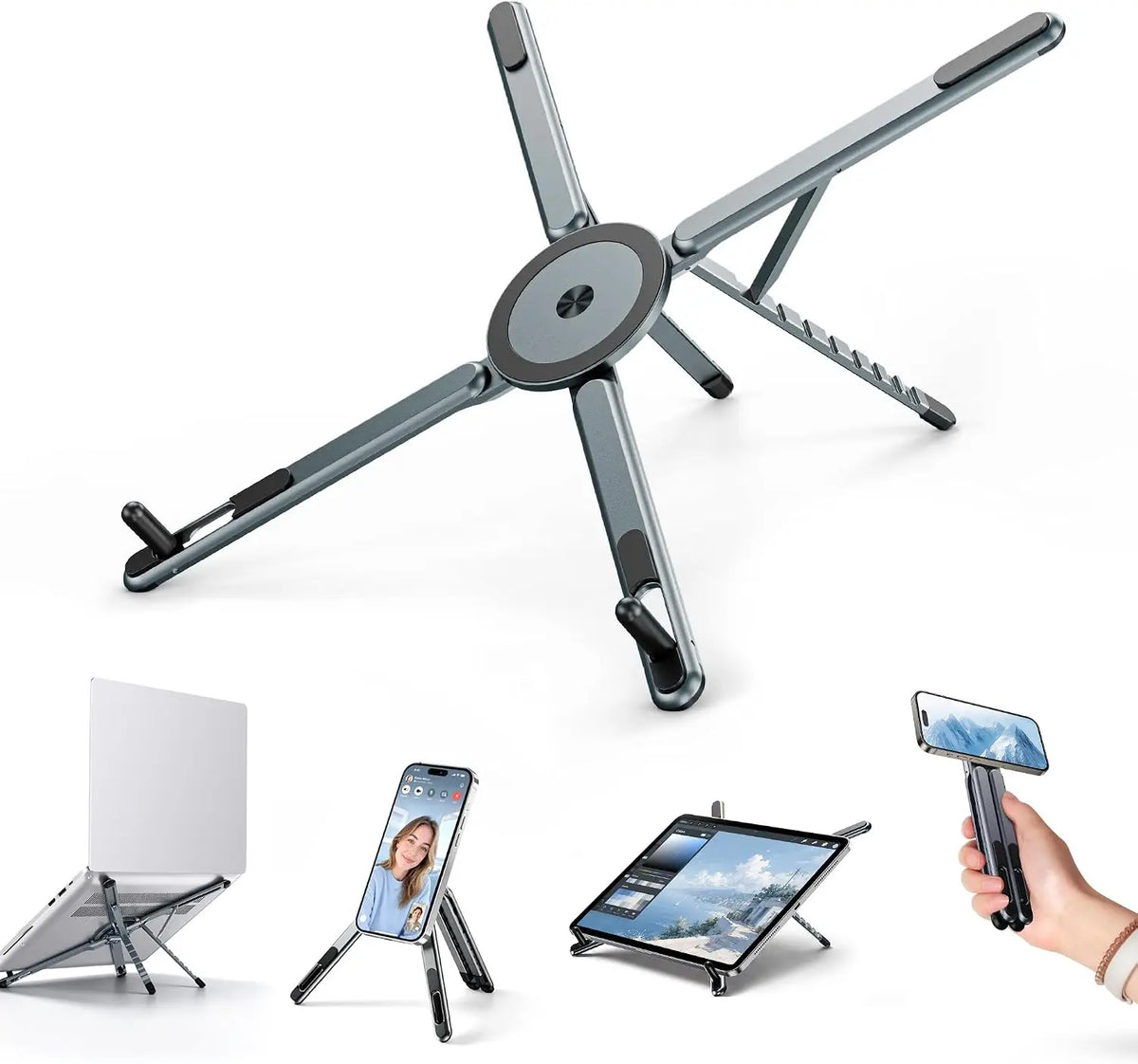 3-in-1 Foldable Laptop Stand Magnetic Phone Holder Aluminum Portable Desk Tripod Mount for Laptop Tablet & Phone Travel Vlogging Vue Silver