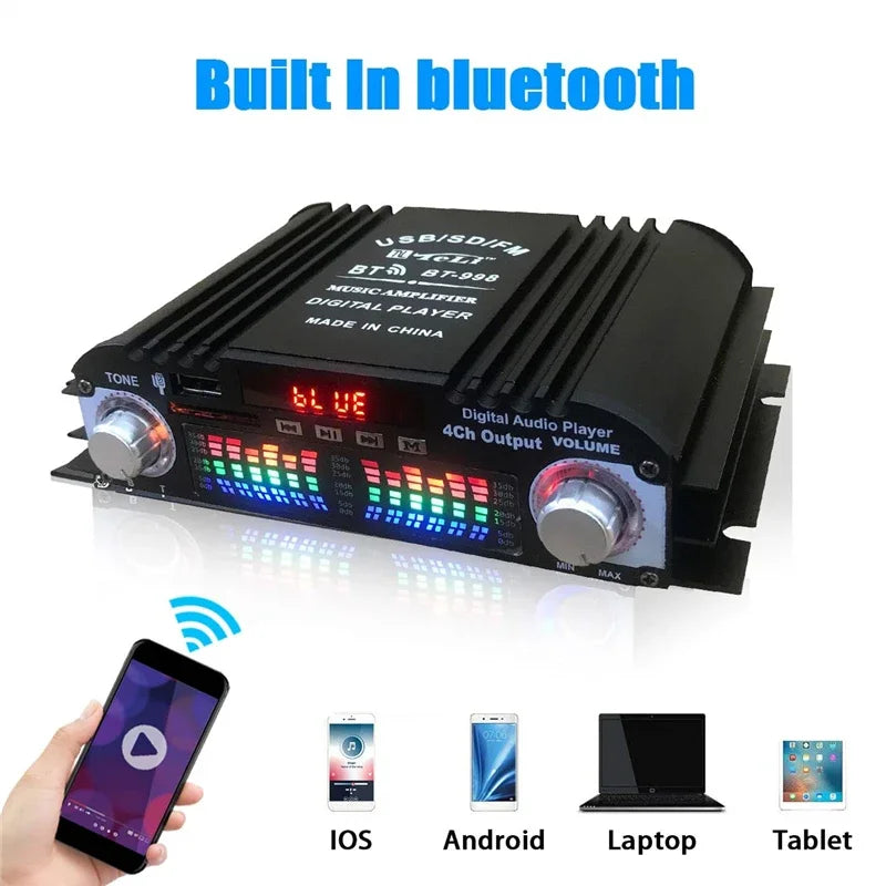 12V/220V Mini Bluetooth HiFi Power Amplifiers Stereo Car Home Audio Digital Sound Amplifier LCD Display FM SD USB Bass Vue