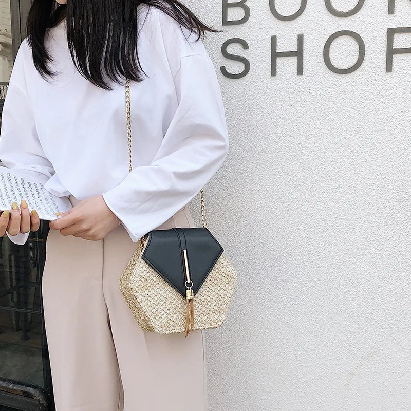 Hexagon Mulit Straw+leather Handbag Women Summer Rattan Bag Handmade