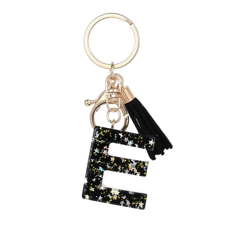 Black Glitter Resin Initial Letter Keychain A–Z Tassel Charm
