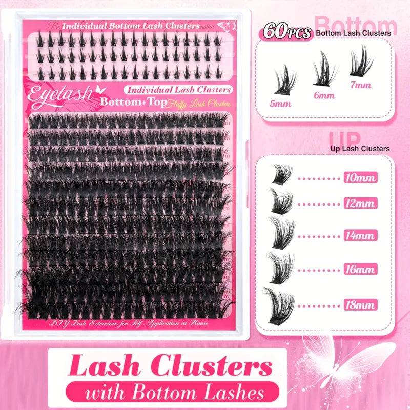 DIY False Eyelash Extension Kit, Individual Lash Clusters Bottom & Upper Lashes, Extra Thick & Fluffy Lashes for Beginners DIY Vue