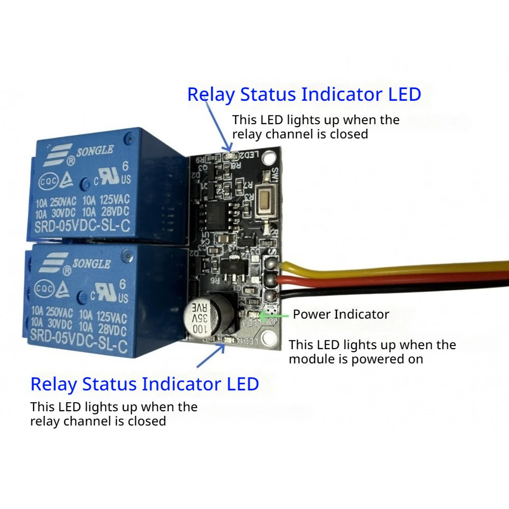2 Channel RC Relay Electronic Switch 3 Working Modes PWM Controller 900-2100us Signal DC10A 30VDC/250VAC for RC Receiver Control Vue