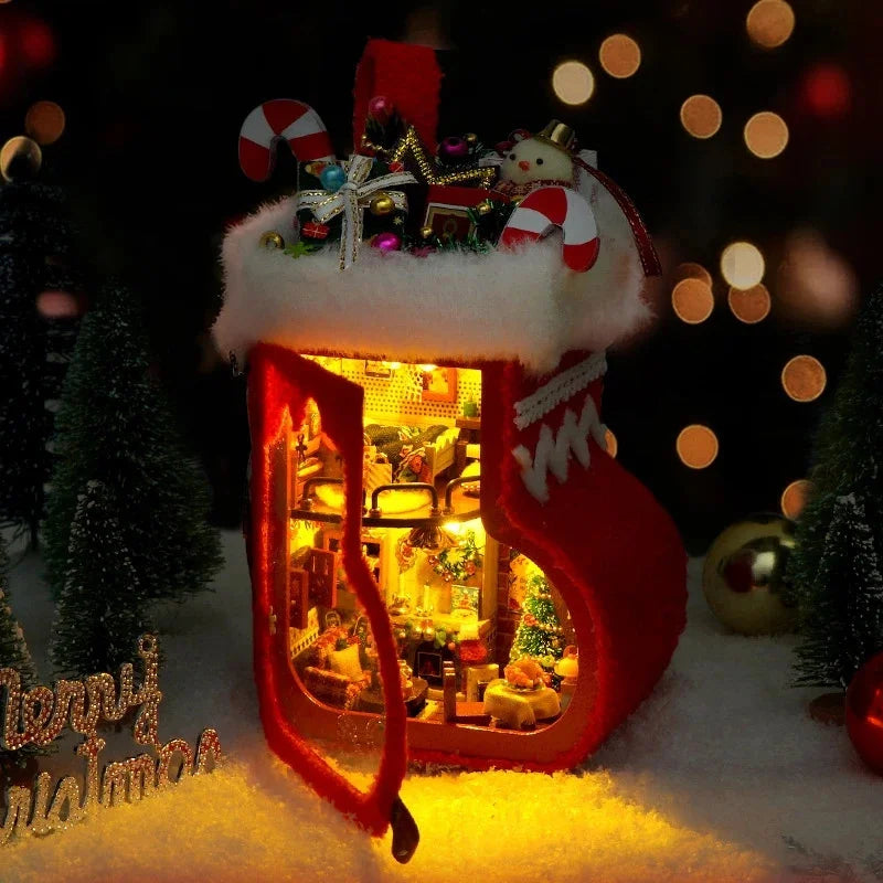 Christmas DIY Mini Cottage Stocking Ornament 3D Puzzle For Best Friend Tiny Handmade Scene Table Decor Home Display Holiday Gift Vue