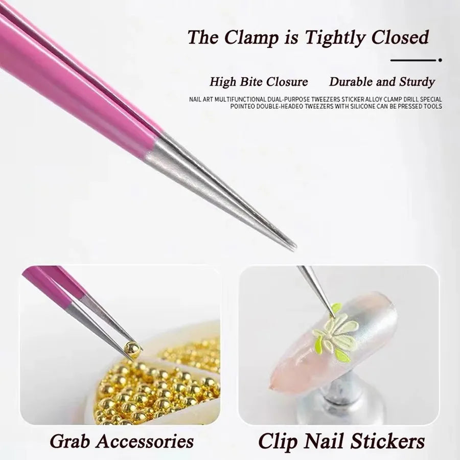 Black/Pink Double Headed Tweezers Stainless Steel Slant Tip Makeup Tool Silicone Press Head For Nail Stickers Eyelashes Tweezers Vue