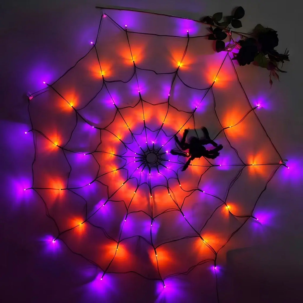 Halloween Spider Web LED String Lights, Orange Glow Spider Net Light with Black Spider for Indoor Outdoor Haunted Party Decor Vue