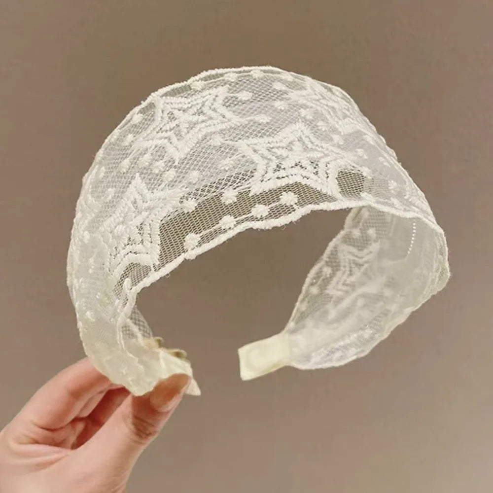 Elegant Lace Headband Mesh Wide Band Bohemian Headwrap Solid White Vue Star