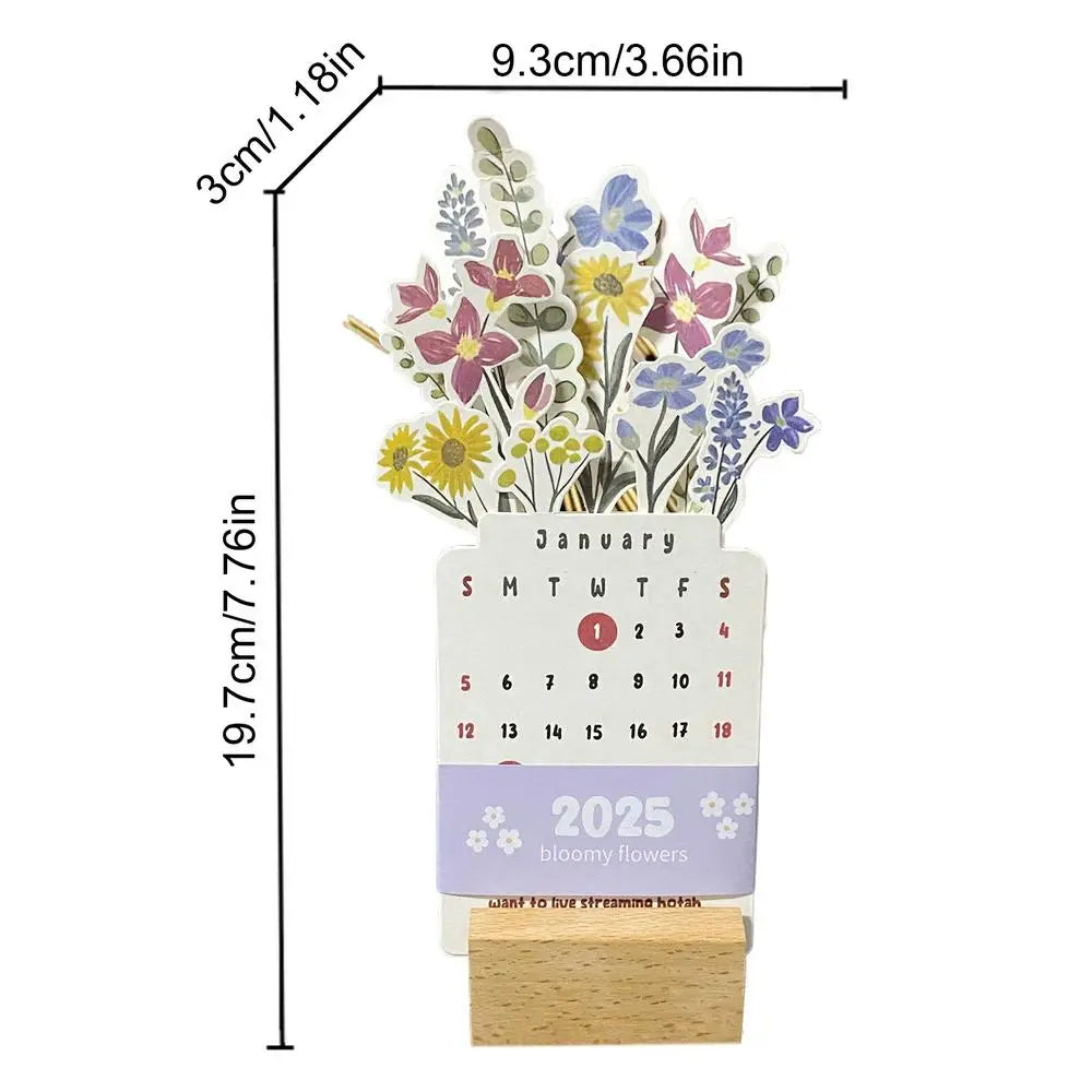 2025 Bloomy Flowers Wooden Desk Calendar – Floral Card Stand Floral Desk Calendar Vue Colorful2