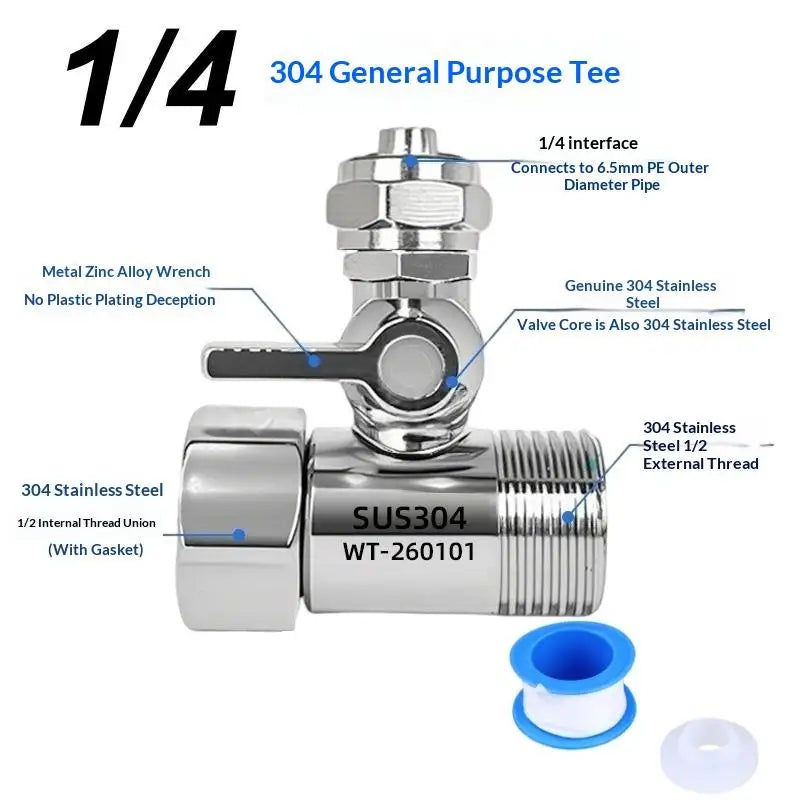 1 Set RO Feed Water Adapter 1/2 to 1/4 3/8 Inch With Shut Off Valve Long Lasting Brass for Under Sink Filter Vue A