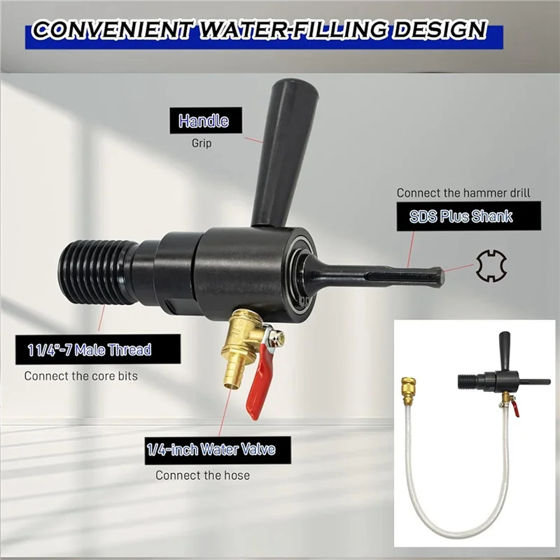 ABKW-1 1/4In-7 Male To SDS Plus Drill Adapter Kit- Water Injection Capable,Includes Solid Brass Hose Quick Connector And Hose Vue