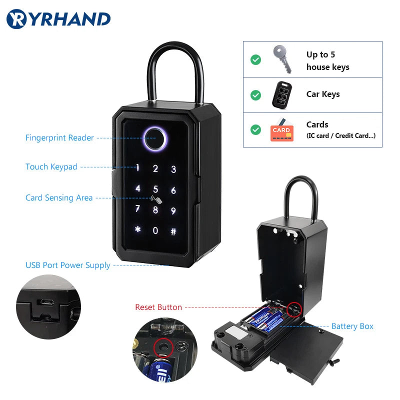 YRHAND TTlock Wifi Security Boxes password Smart Fingerprint Digital Cerradura Inteligente Tuya Electronic Portable Lock Boxes Vue