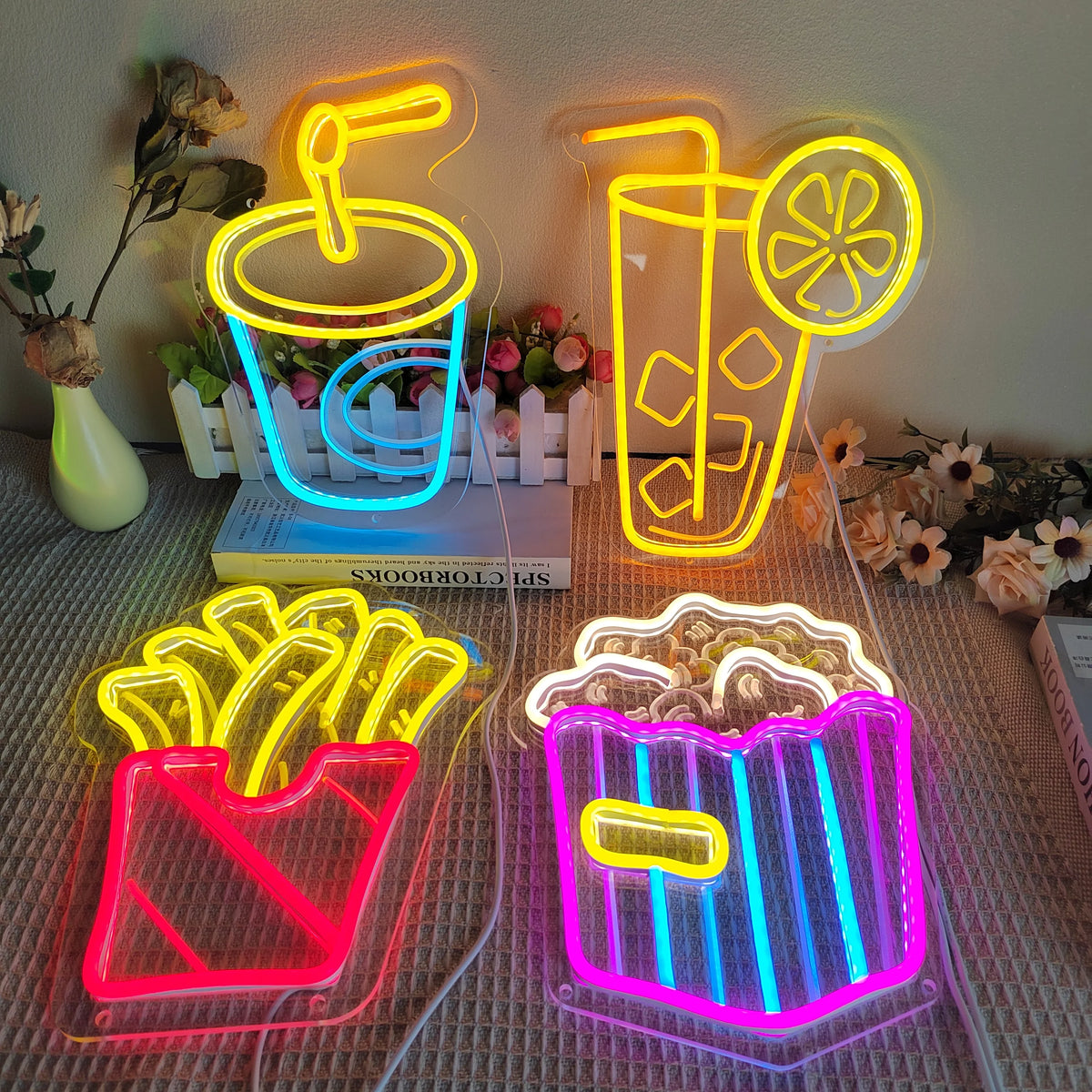 Business Neon Light Led Lights French Fries Popcorn Sign For Restaurant Eating House Decor Wall Neon Sign Fast Food Shop Cinema Vue