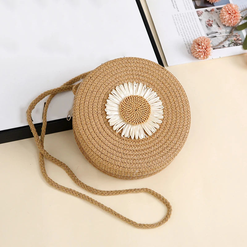 Minimalist Straw Bag Round Crossbody Purse Women Shoulder Vacation
