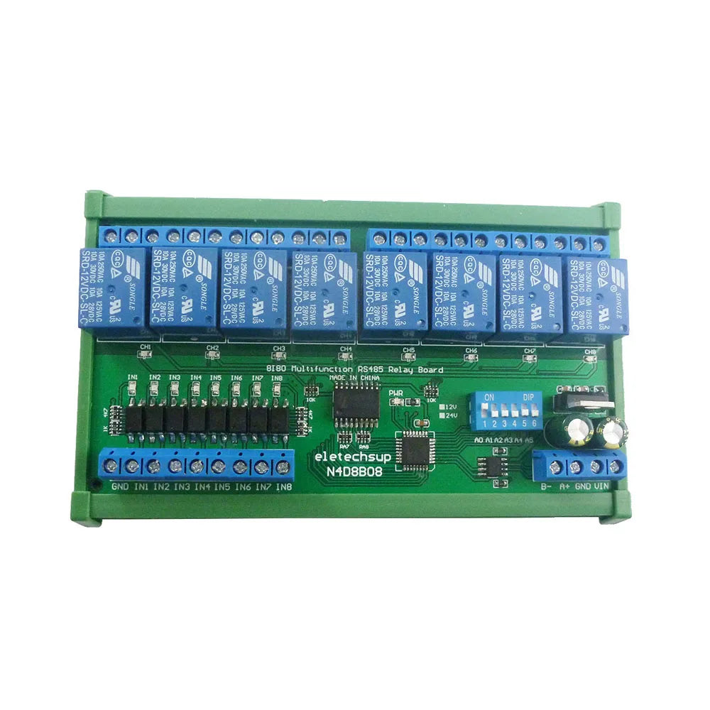 DC 12V/24V 8I8O Digital RS485 Modbus RTU Protocol Switch Control Board DIN35 C45 Rail Box N4D8B08 Relay PLC Expansion Board Vue