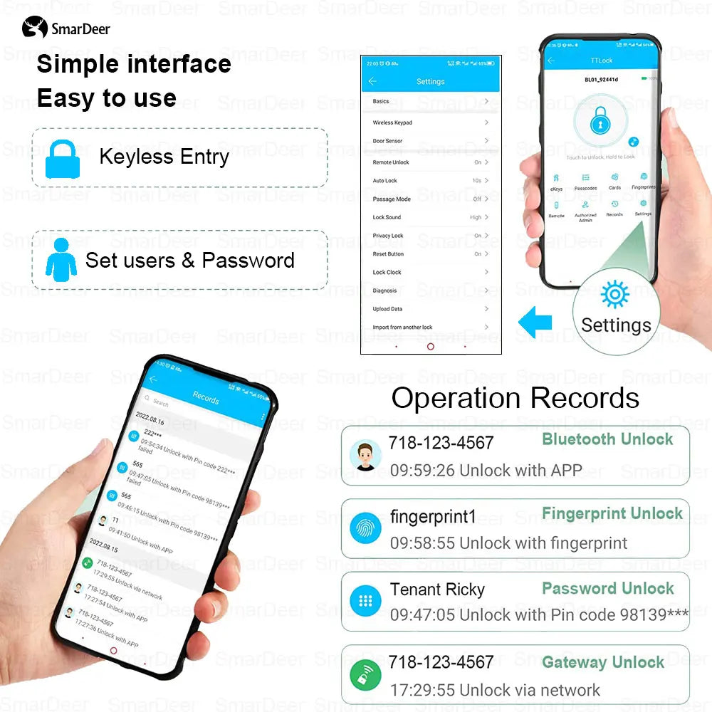 SmarDeer Electronic Lock for TTLock Smart Lock App Remote Control Keyless Entry Door Lock Fingerprint Digital Deadbolt Vue