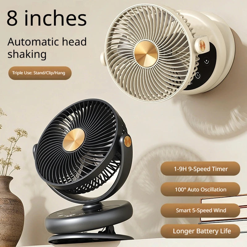 HOMEFISH Mini Oscillating Clip Fan, Portable Battery-Operated Table Fan with 4 Speed Levels, 8 inch Desk fan with Timer Vue