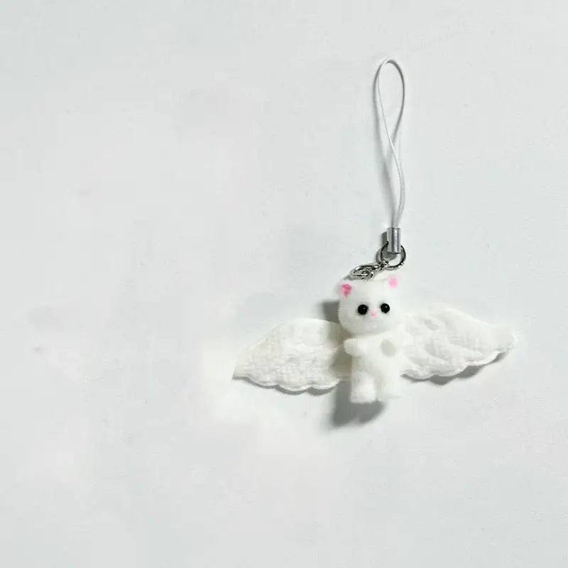 Cute Flocked Angel Wings Cat Keychain Kawaii Heart Phone Chain Anti-Lost Lanyard Bag Decor Gift Vue A2