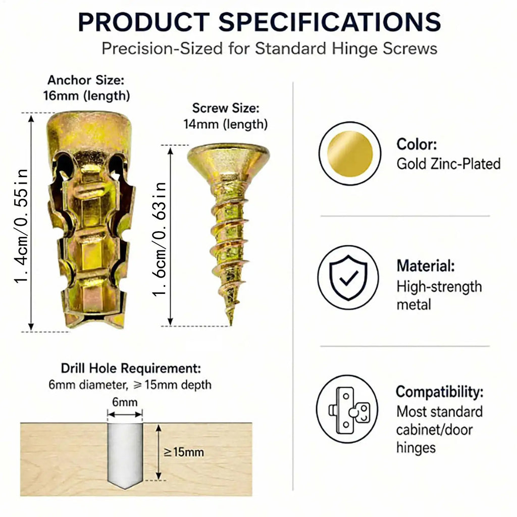 Expansion Screws for Wood Short Metal Nut Door Hinge Thread Repair Cabinet Furniture Assembly Drywall Installation Home Work Vue