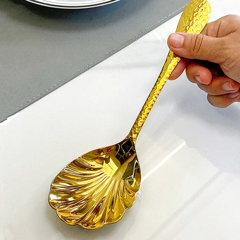 Shell-Shaped Serving Spoons Stainless Steel Vegetable Spoons Large Fan-Shaped Soup Spoons Suitable For Family Parties Restaurant Vue