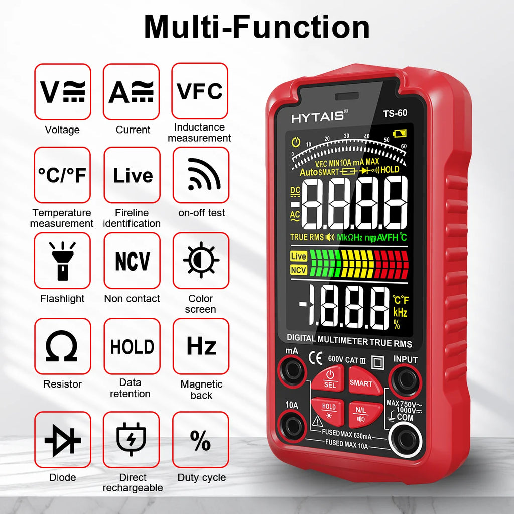 HYTAIS TS-60 Digital Multimeter Professional USB Charging 6000 Count Color Screen Anti-Burning Smart Multimeter for Electricians Vue