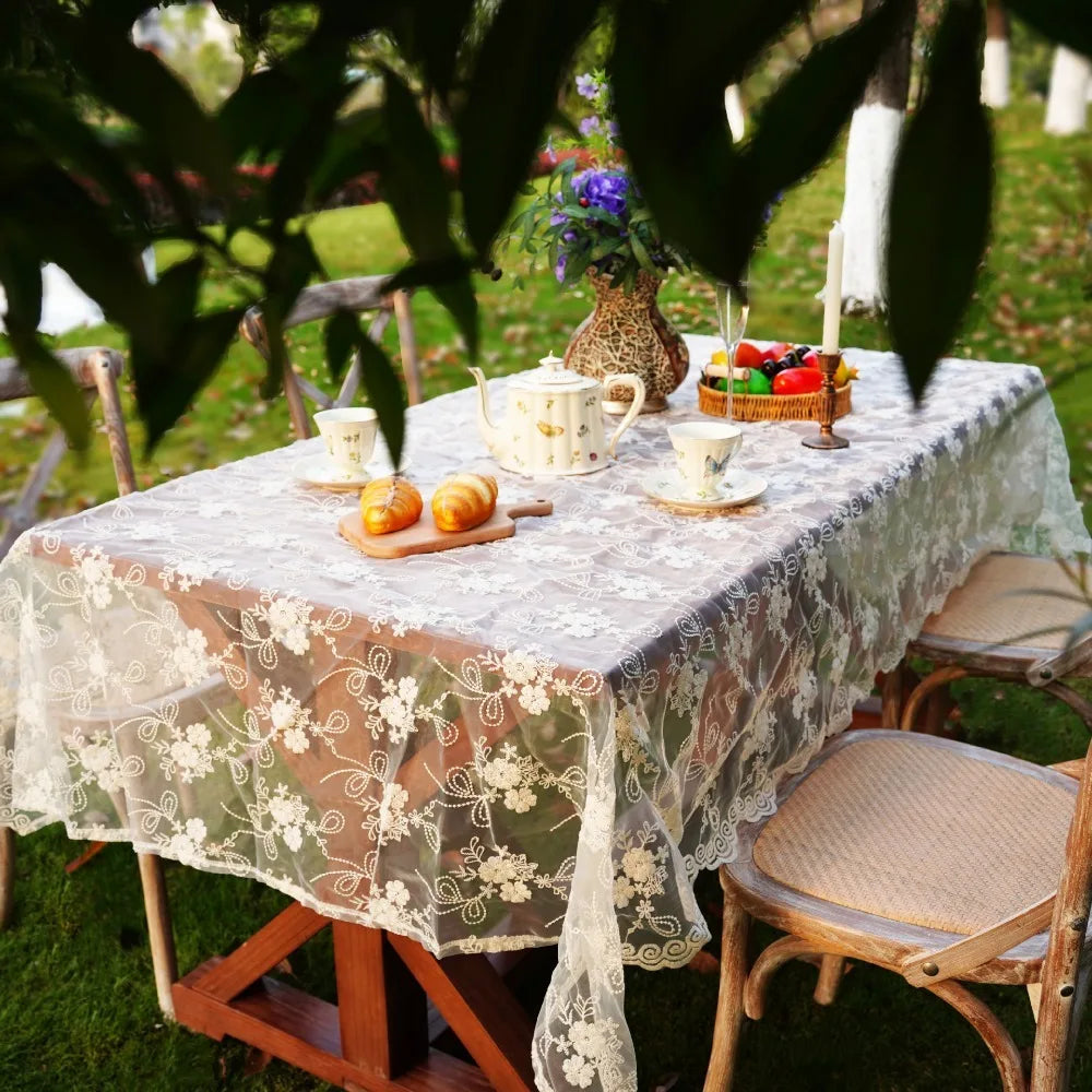 Home Decoration Embroidered French Lace Tablecloth Vintage White Table Linen Organza Table Runner Wedding Vue