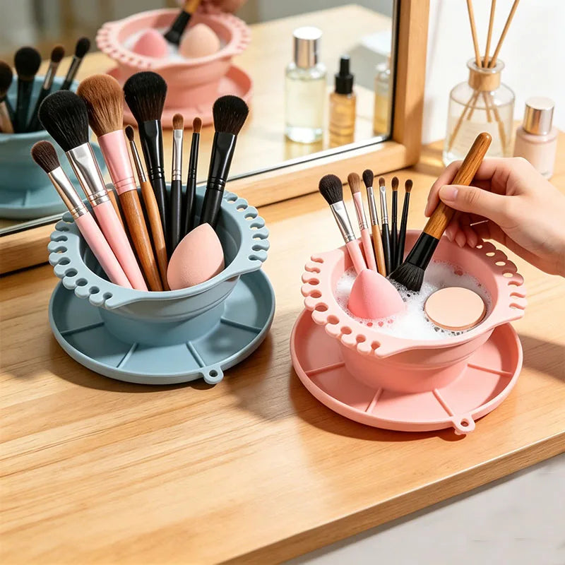 Silicone Brush Cleaning Bowl with Hanging Hole Collapsible Scrub Washing Tray Drying Holder for Beauty Blender & Makeup Brushes Vue