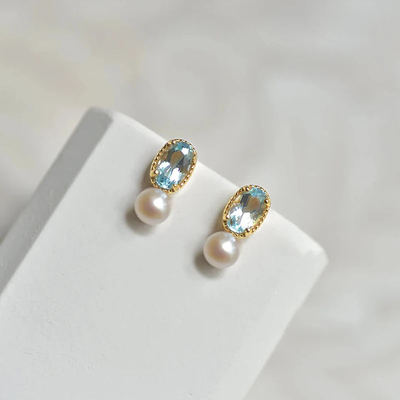 Huitan Sky Blue CZ & Pearl Stud Earrings for Women Pearl CZ Stud Earrings Vue